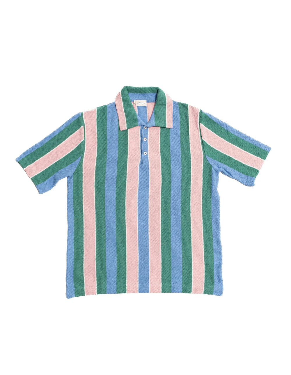 Front angle view of the Gallia Durant Polo in Green, Pink, and Blue, showing the bold color-block design.