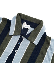 Close-up of the collar of the Gallia Durant Polo in Navy, Olive, and Blue, highlighting the color-block design and knit texture.
