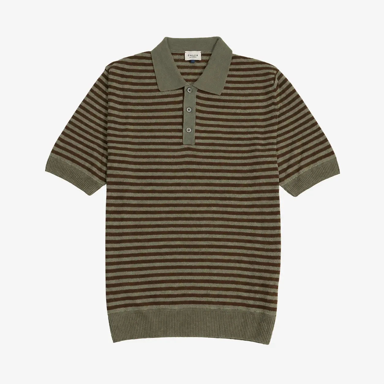 Gallia Knit Polo Olive Brown Stripe cotton knit polo shirt front view classic