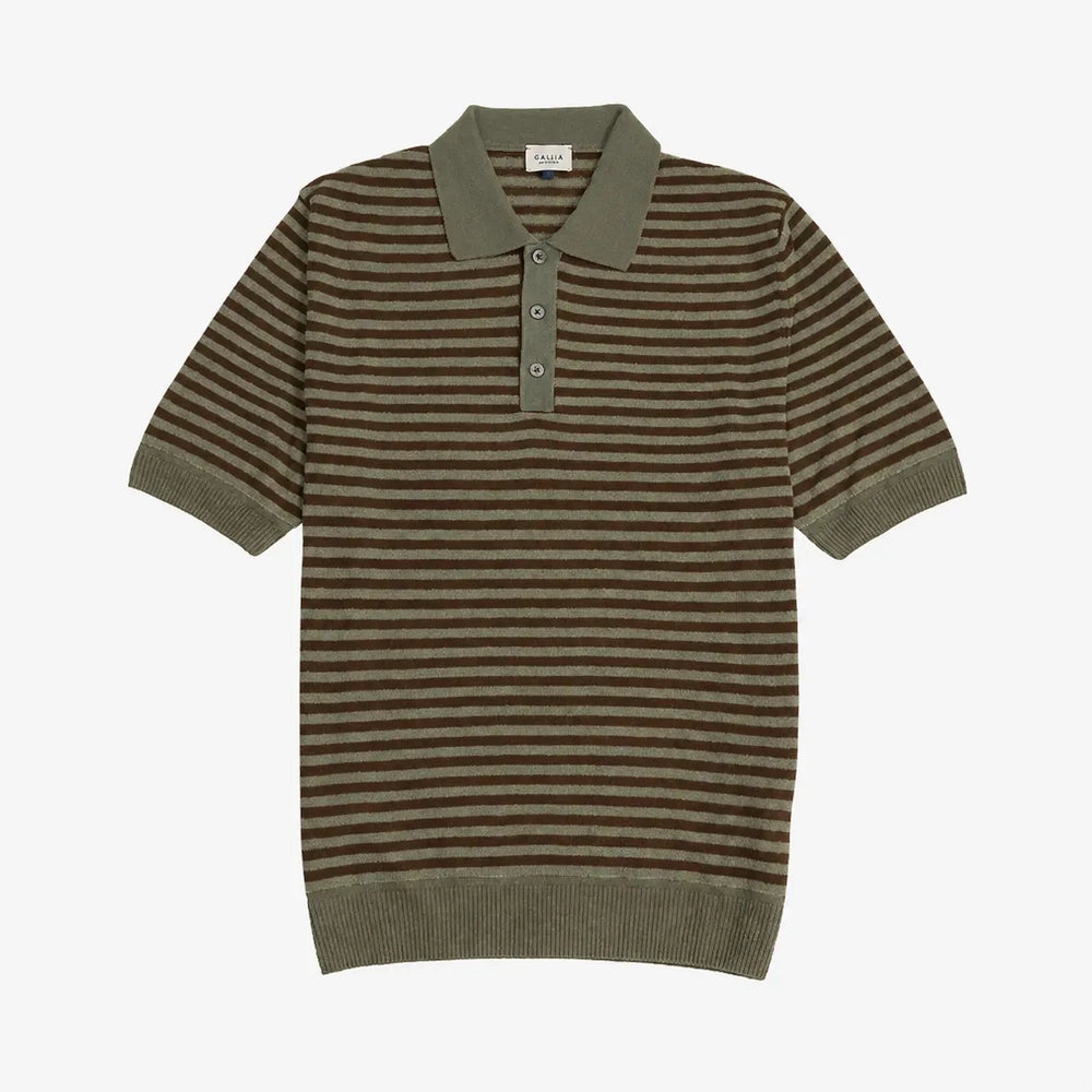 Gallia Knit Polo Olive Brown Stripe cotton knit polo shirt front view classic