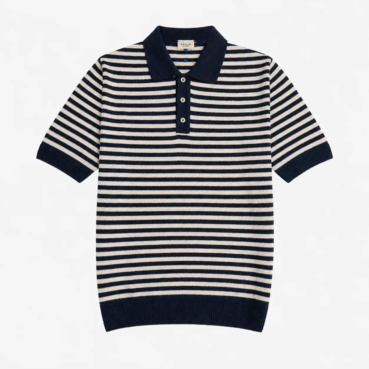 Gallia Knit Polo White Navy Stripe cotton knit polo shirt front view classic