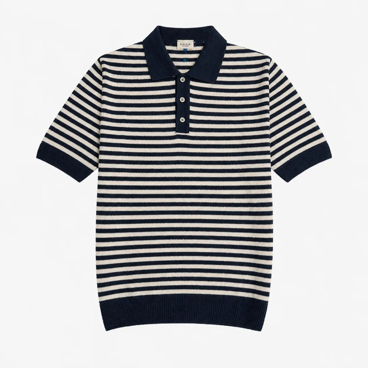 Gallia Knit Polo White Navy Stripe cotton knit polo shirt front view classic