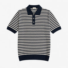 Gallia Knit Polo White Navy Stripe cotton knit polo shirt front view classic