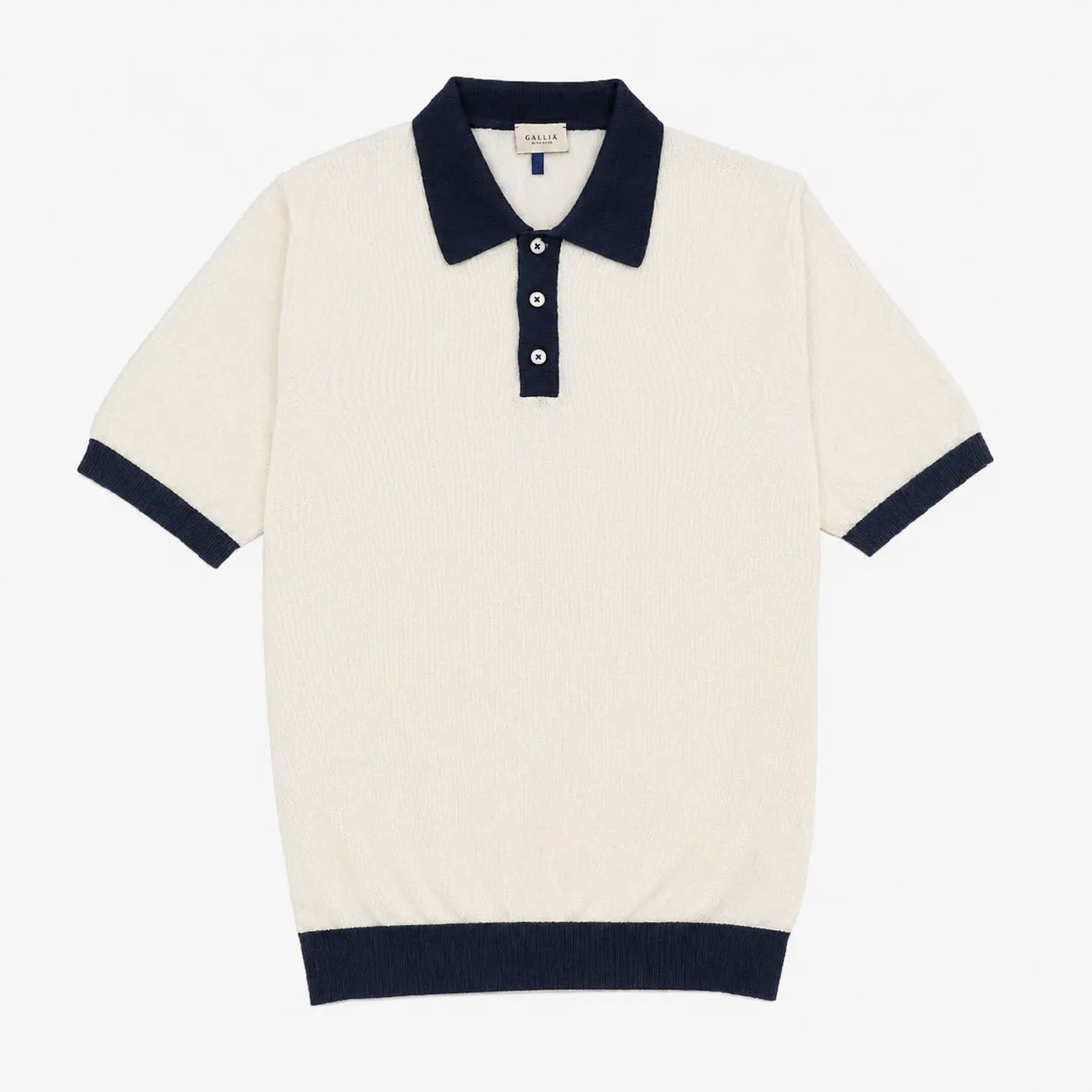 Gallia Polo Ivory Navy cotton knit polo shirt front view classic 