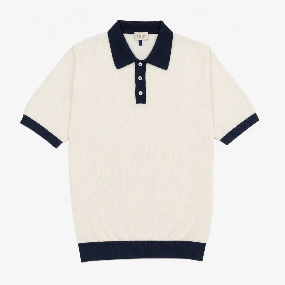Gallia Polo Ivory Navy cotton knit polo shirt front view classic 