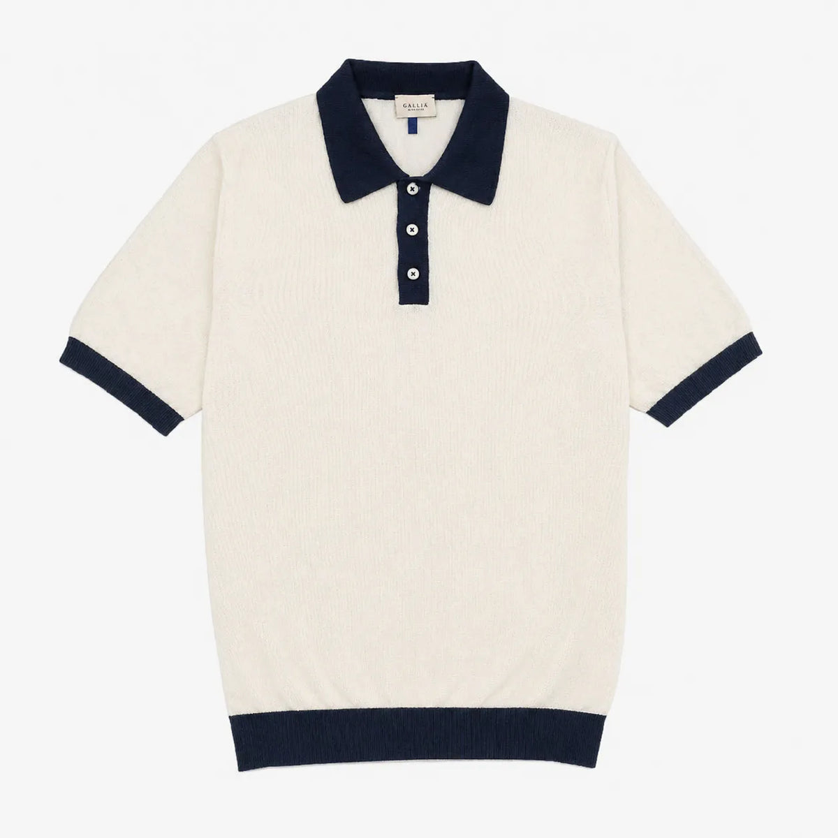 Gallia Polo Ivory Navy cotton knit polo shirt front view classic 