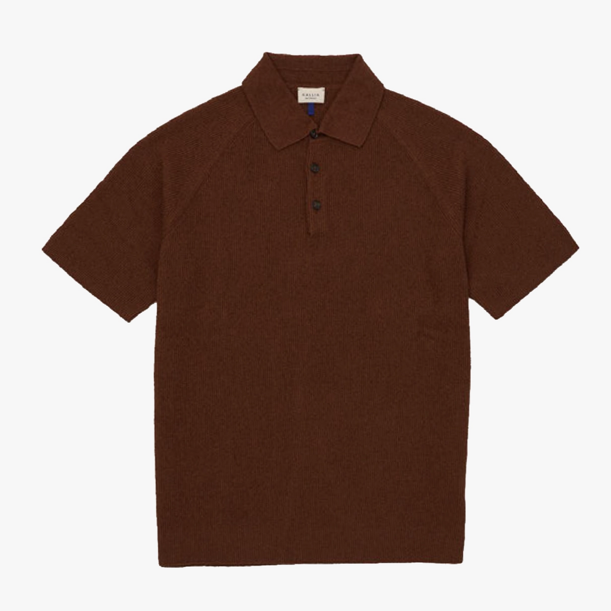 Gallia Raglan Knit Polo Brown cotton knit polo shirt raglan sleeve front view