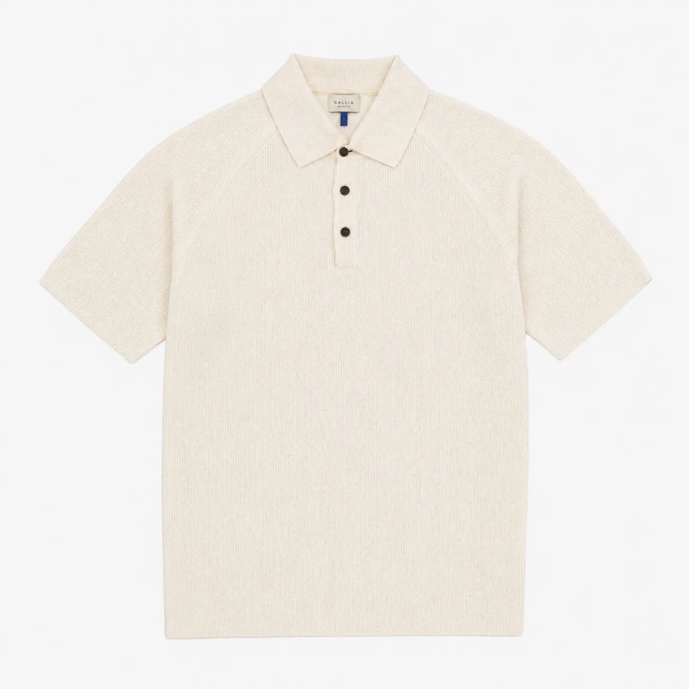 Gallia Raglan Knit Polo Ivory cotton knit polo shirt raglan sleeve front view