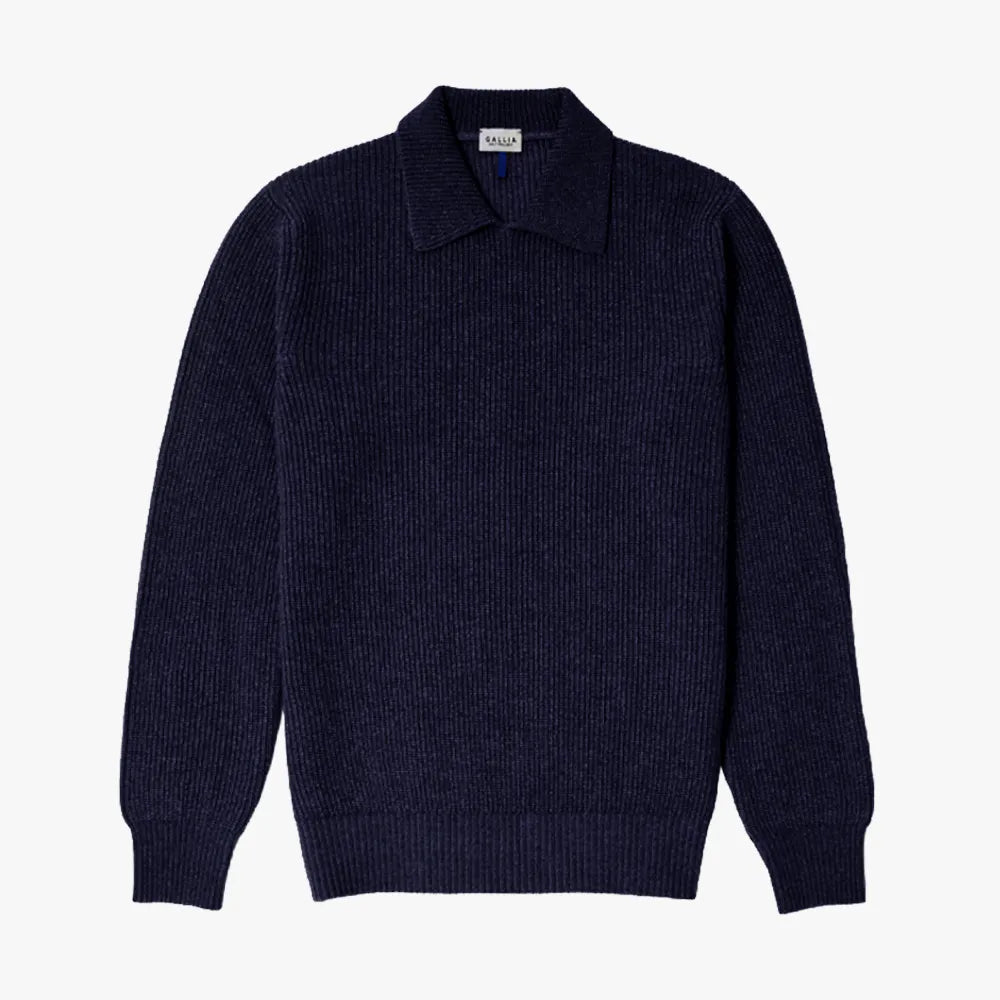 Front view of the Gallia Seattle Long-Sleeve Polo Navy highlighting the clean silhouette and refined knit structure.