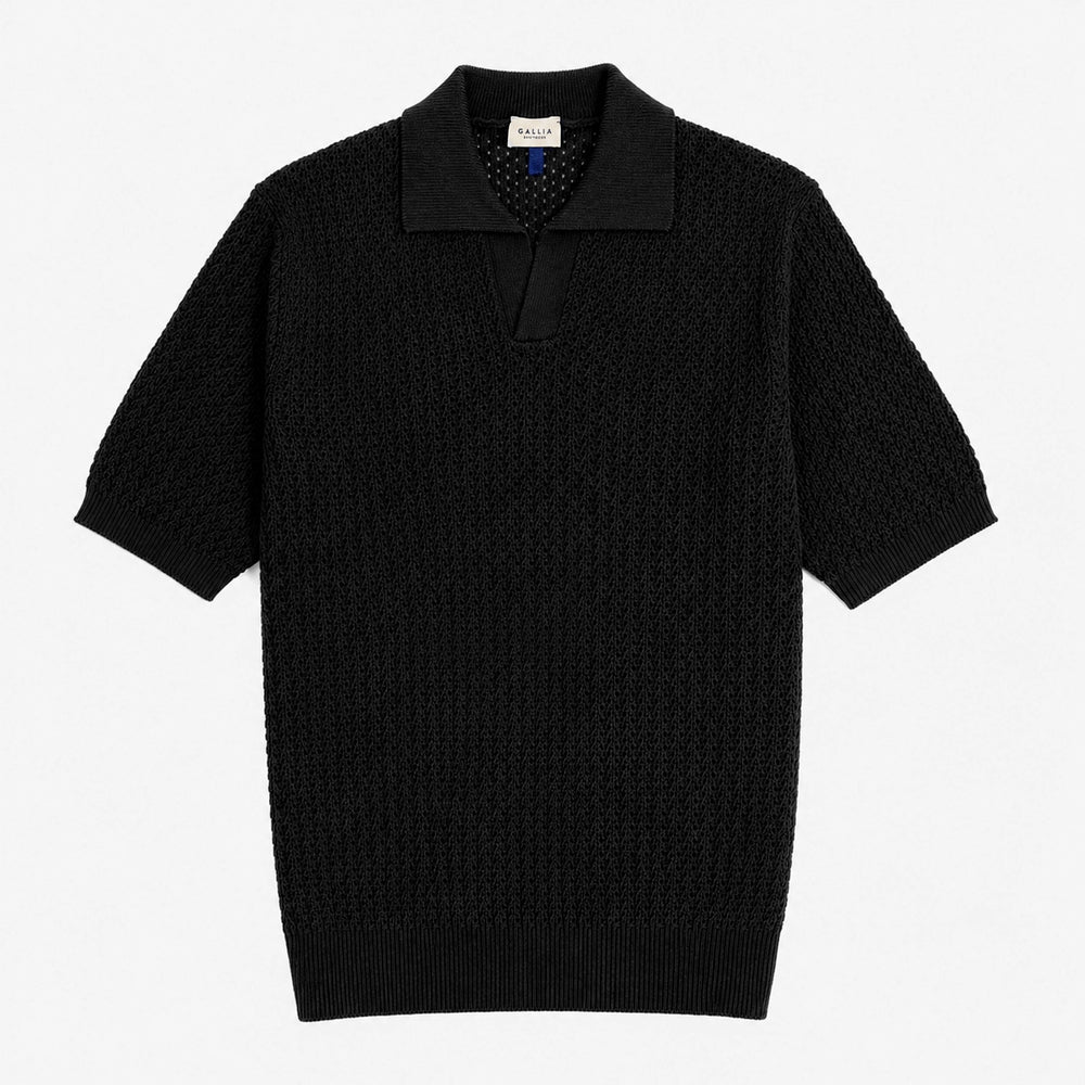 Gallia Textured Knit Polo Black cotton knit polo shirt textured fabric front view