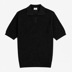 Gallia Textured Knit Polo Black cotton knit polo shirt textured fabric front view
