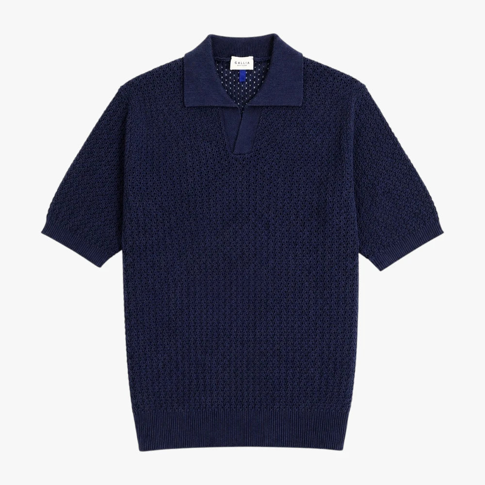 Gallia Textured Knit Polo Navy cotton knit polo shirt textured fabric front view