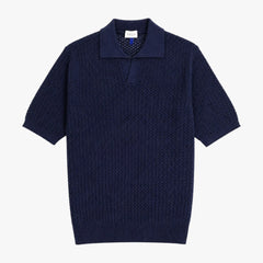Gallia Textured Knit Polo Navy cotton knit polo shirt textured fabric front view