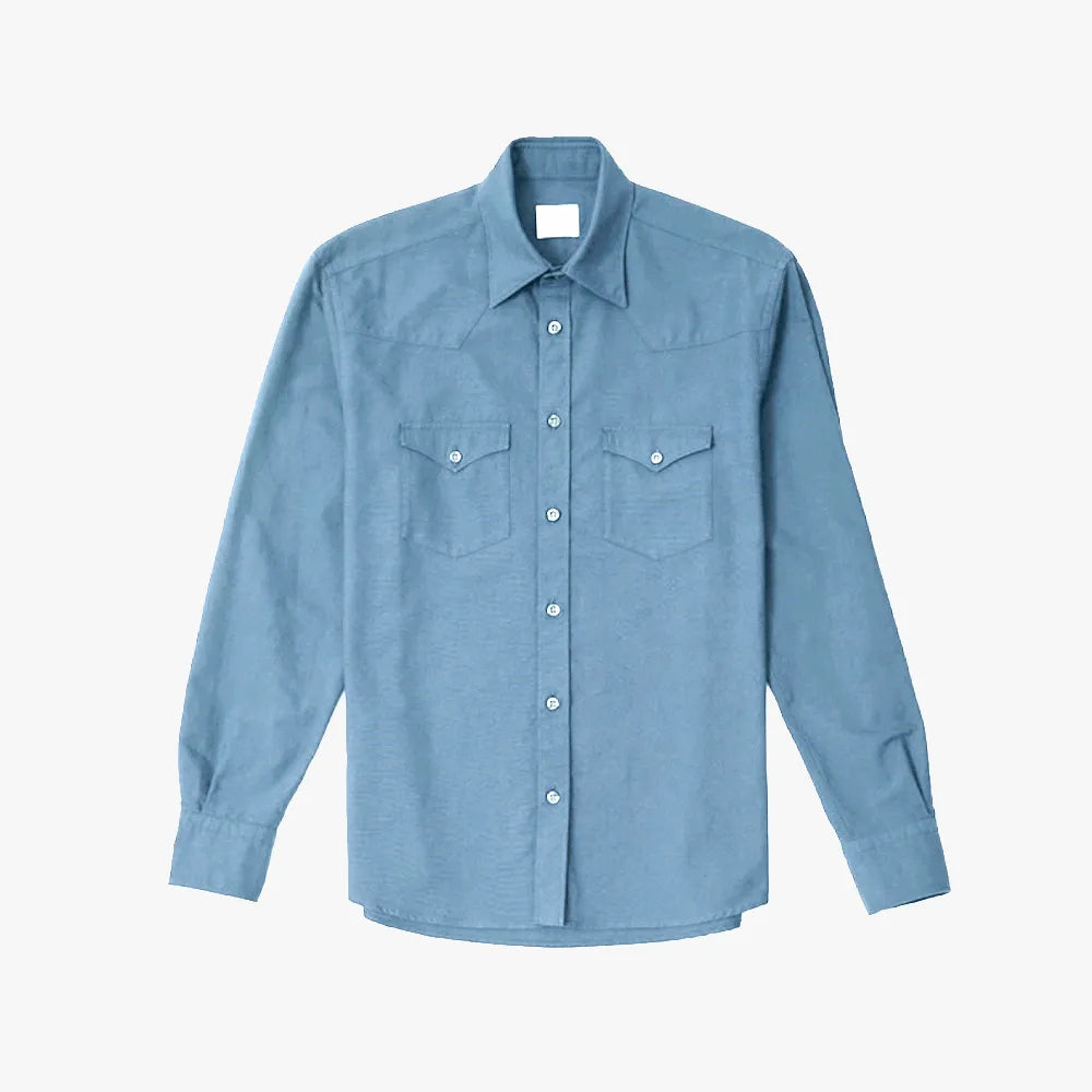 Front view of the Gallia Western Shirt D4I1C Navy featuring snap buttons and classic western pockets.