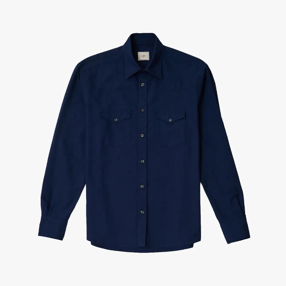 Front view of the Gallia Western Shirt D4I1C Navy featuring snap buttons and classic western pockets.