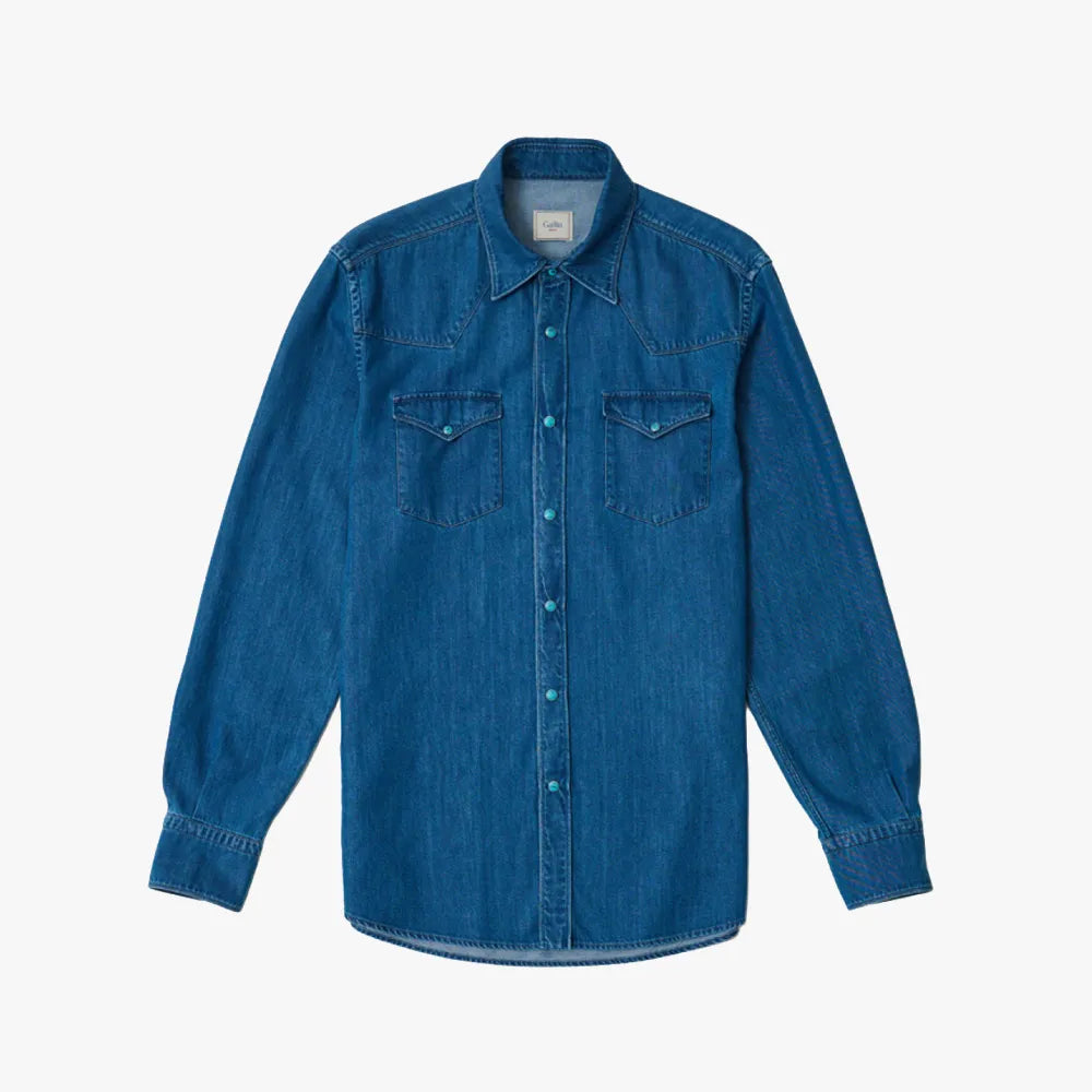 Front view of the Gallia Western Shirt D4I3R Blue featuring snap buttons and classic western pockets.