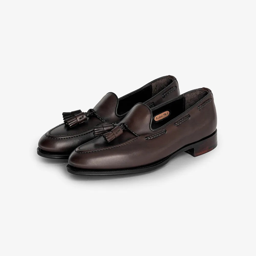 george-cleverley-aiden-tassel-loafer-dark-brown-front-angle
