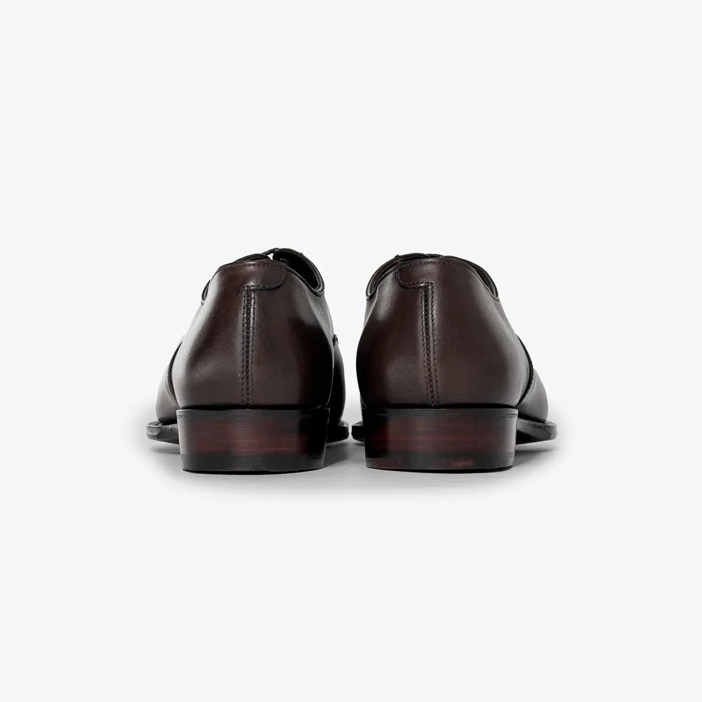 George Cleverley Harry Oxford in brown calf leather, back view showing heel and stitching.