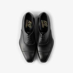 George Cleverley Harry Oxford in black calf leather, top view showing closed lacing and refined stitching.