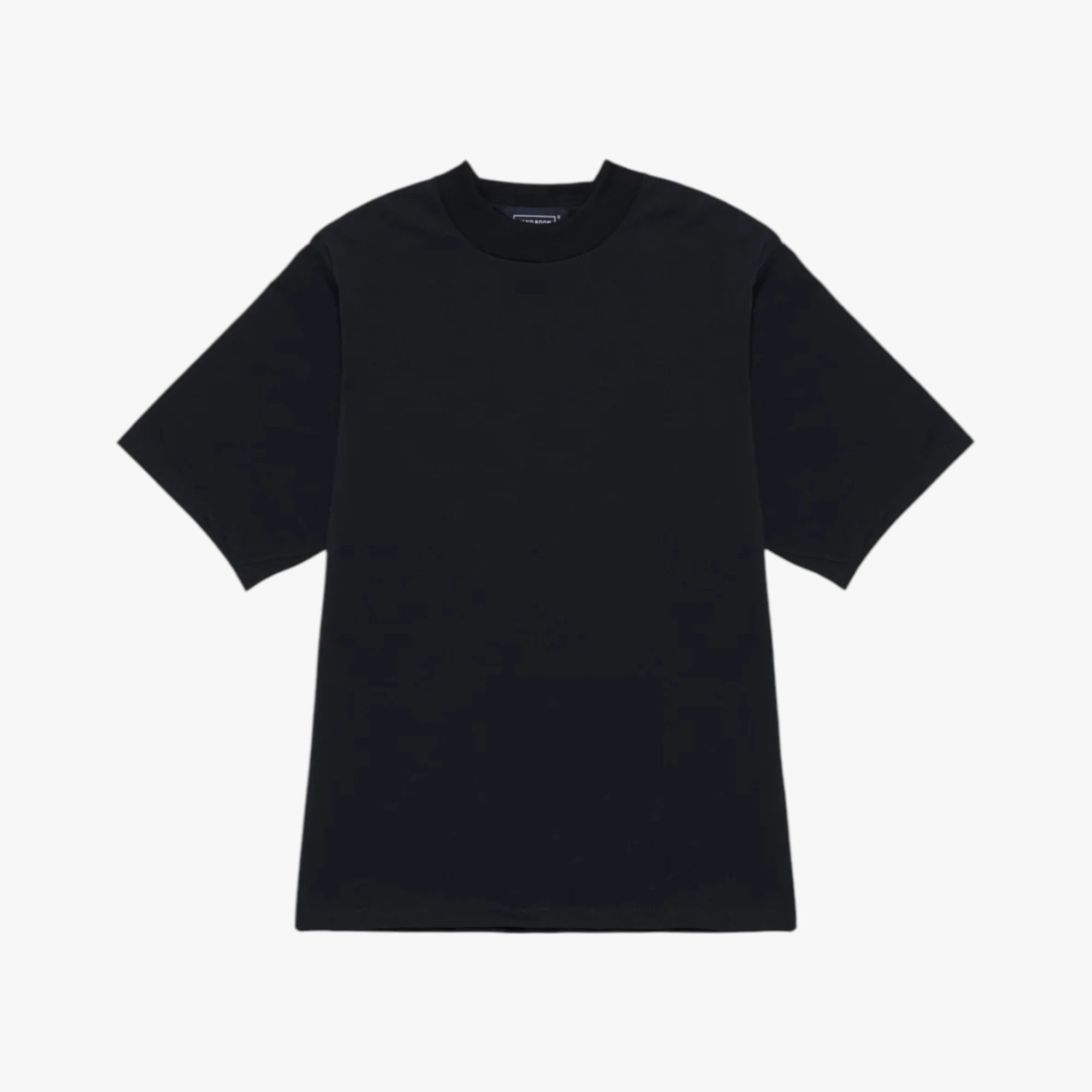 Front view of the Hand Room mock neck T-shirt in black featuring a clean silhouette and refined neckline design.