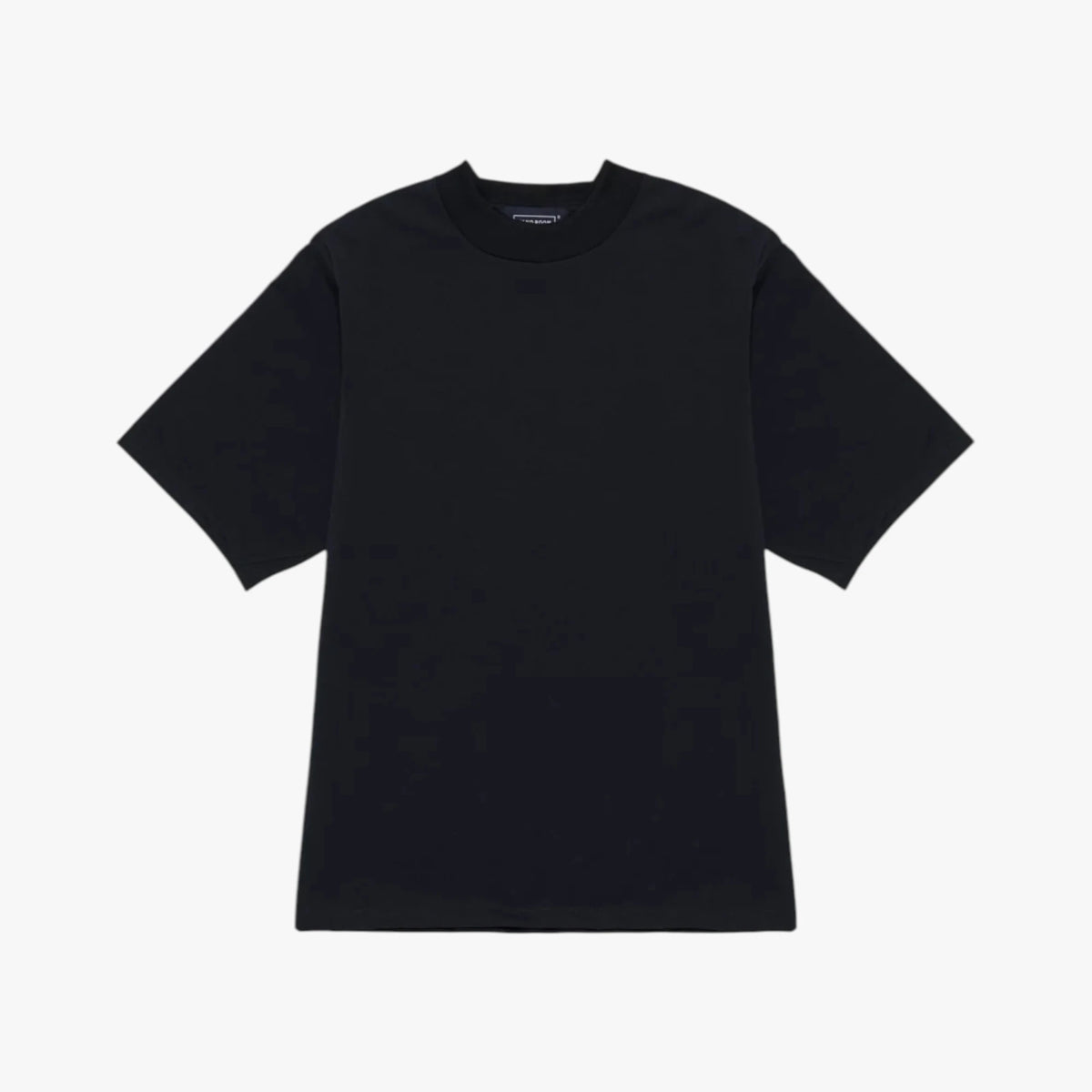 Front view of the Hand Room mock neck T-shirt in black featuring a clean silhouette and refined neckline design.
