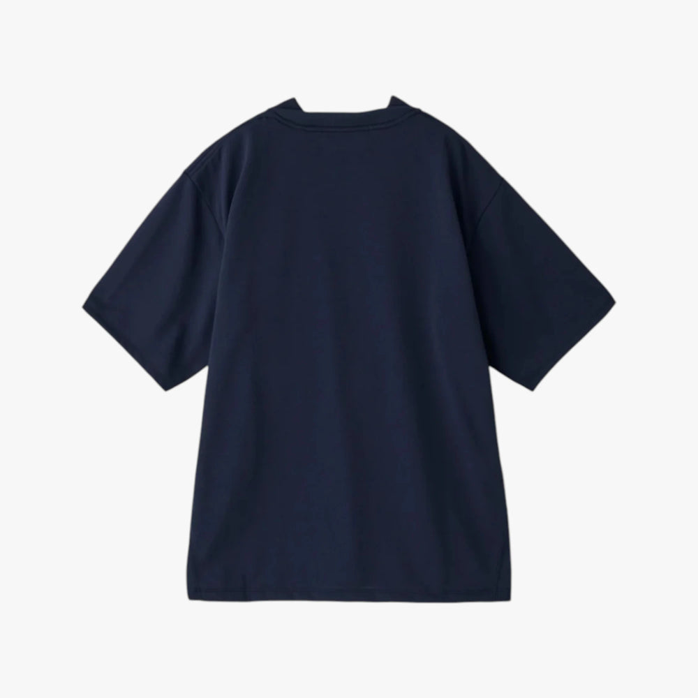 Back view of the Hand Room mock neck T-shirt in light navy showing the smooth structure and relaxed fit.