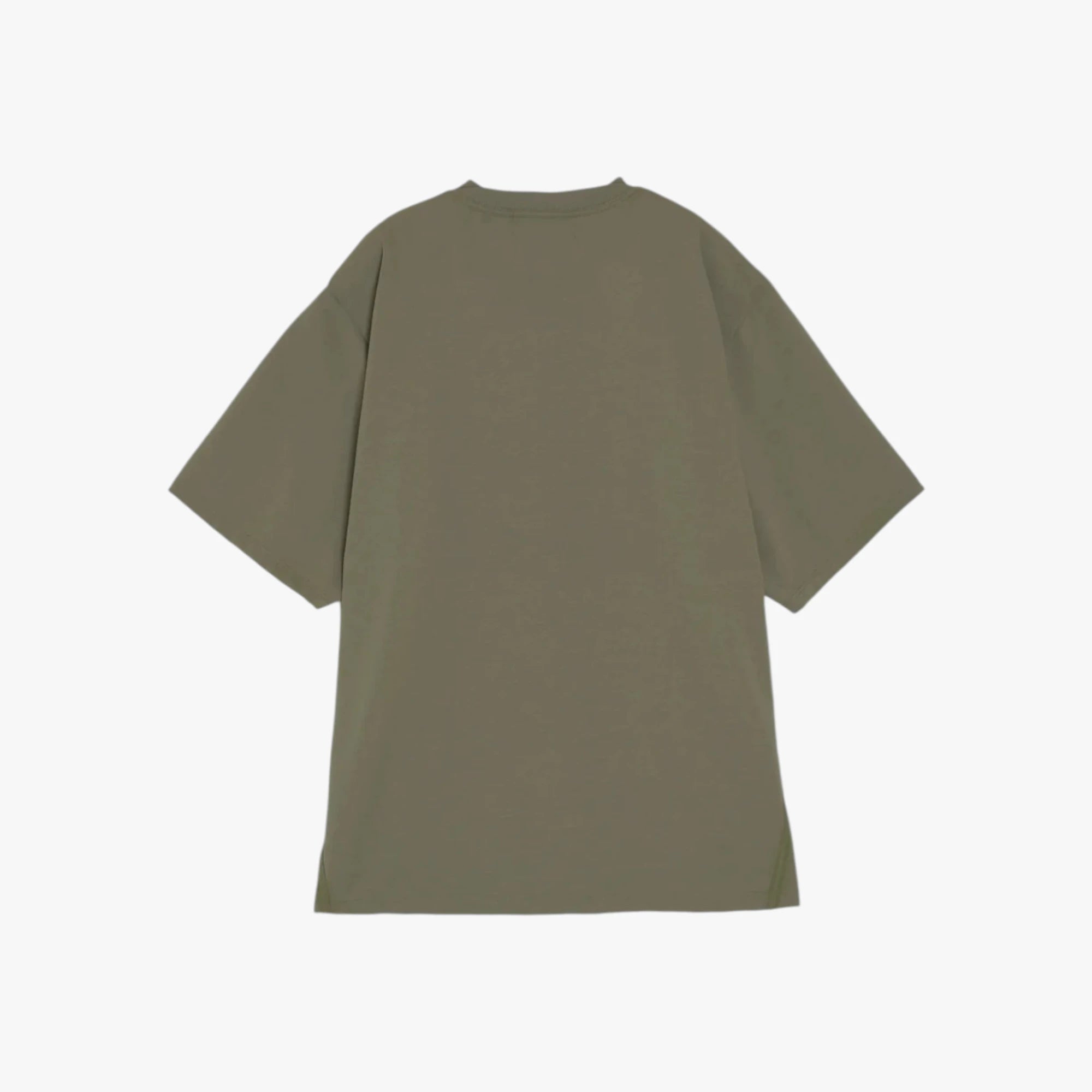 Back view of the Hand Room T-shirt in olive showing the smooth structure and relaxed fit.