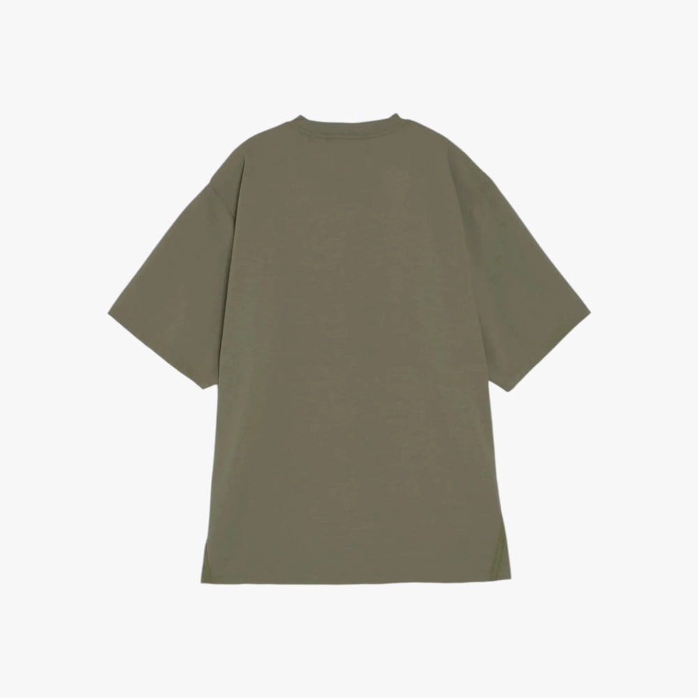 Back view of the Hand Room T-shirt in olive showing the smooth structure and relaxed fit.