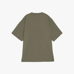 Back view of the Hand Room T-shirt in olive showing the smooth structure and relaxed fit.