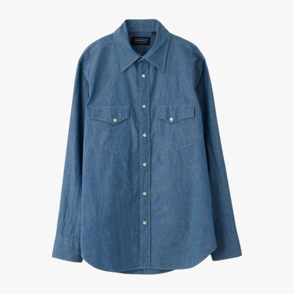 Front view of the Hand Room Western Shirts Chambray 77 Sax showing the pointed western yokes, snap buttons, and soft chambray texture in light Sax blue.