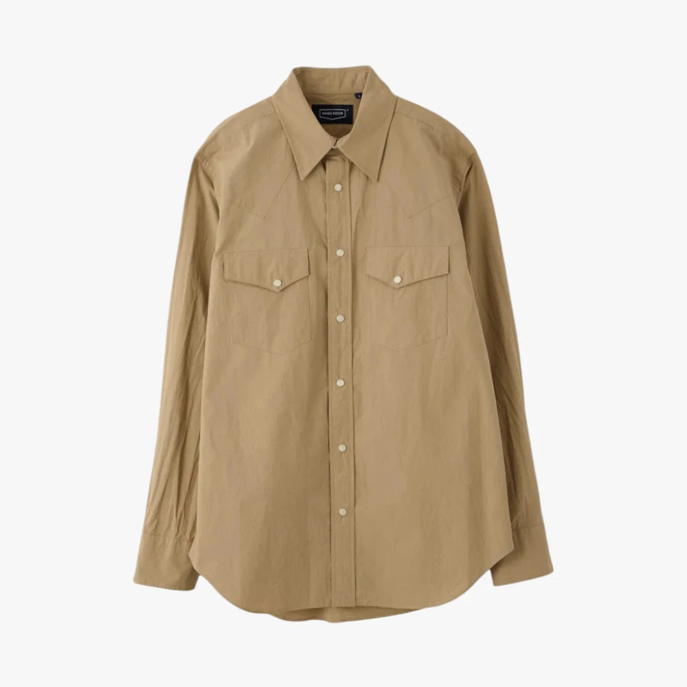 Front view of the Hand Room Western Shirts Typewriter 23 in Beige showing the pointed western yokes, snap buttons, and crisp typewriter fabric.