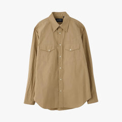 Front view of the Hand Room Western Shirts Typewriter 23 in Beige showing the pointed western yokes, snap buttons, and crisp typewriter fabric.
