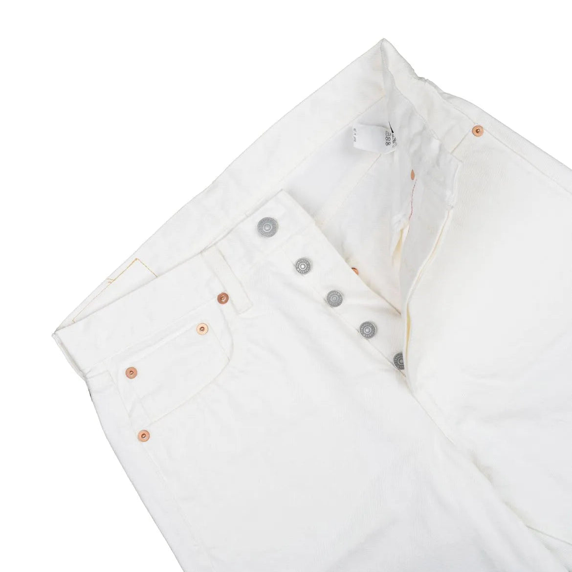 Close-up of waistband button on the Hand Room Exclusive for Refinement High Rise Regular Fit White pants