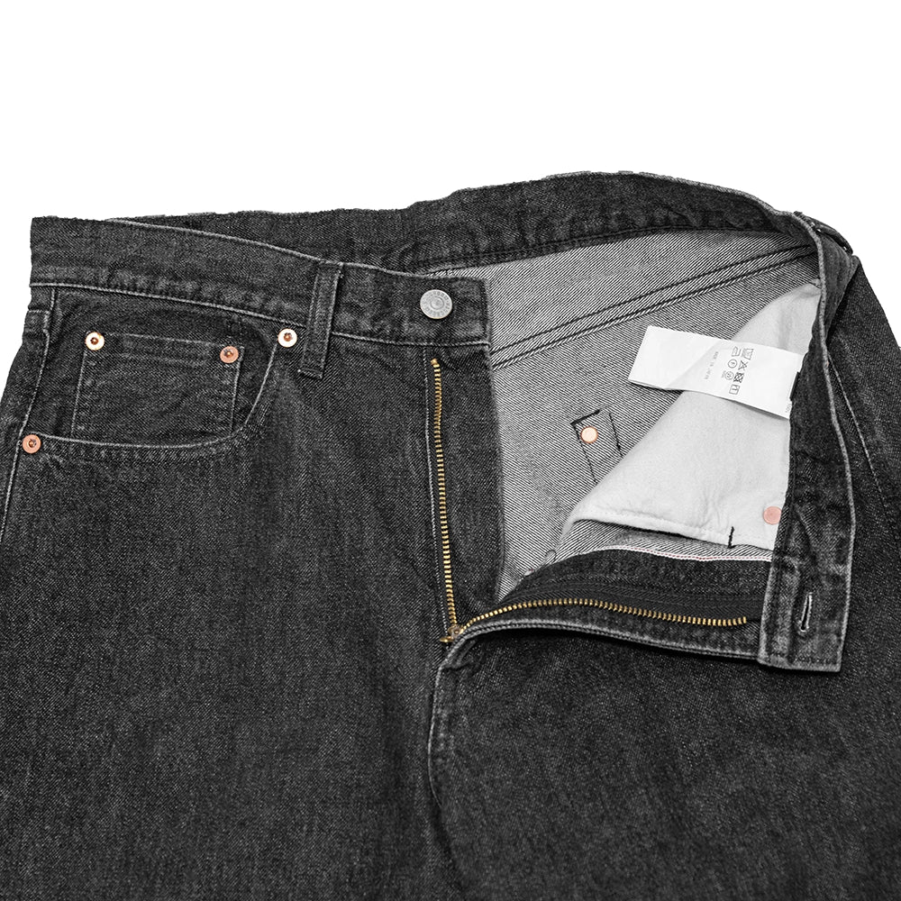 Close-up of the waistband button on the Hand Room Exclusive for Refinement Wide Fit Stonewash Black jeans