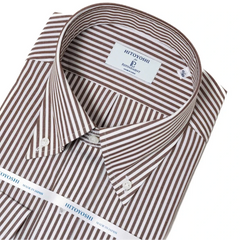 Close-up of the button-down collar showing the roll shape, stitching precision, and red stripe alignment.