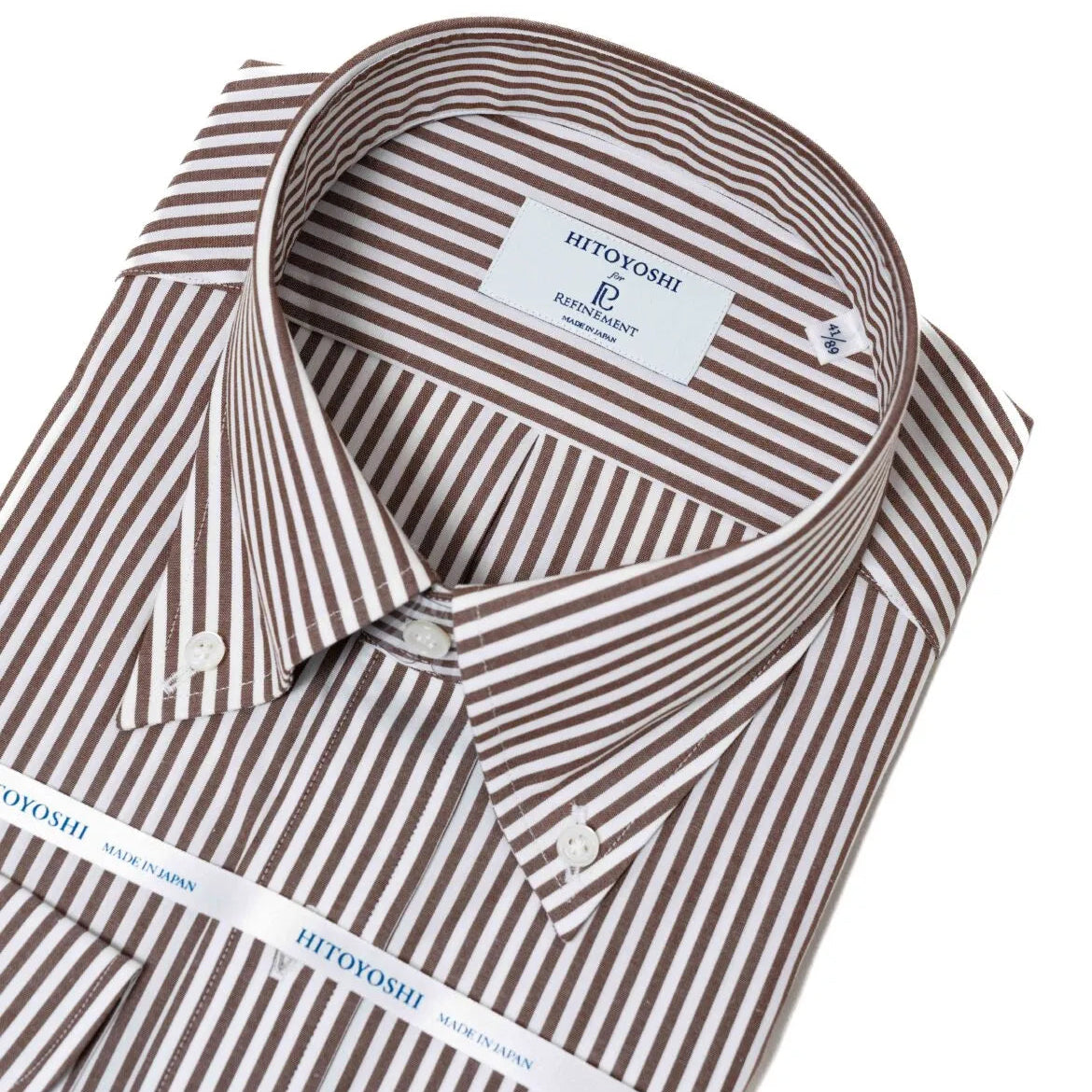 Collar detail of the Hitoyoshi Broadcloth Button Down Brown Stripe shirt