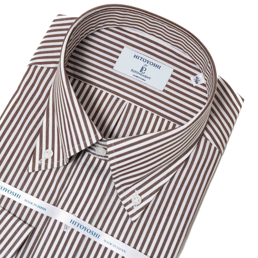 Collar detail of the Hitoyoshi Broadcloth Button Down Brown Stripe shirt