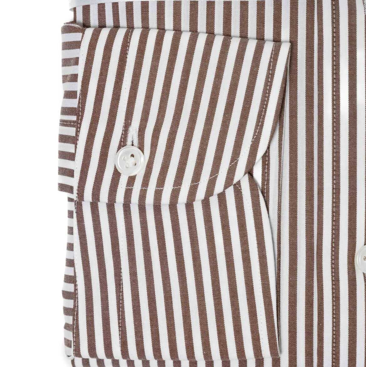 Folded sleeve button detail of the Hitoyoshi Broadcloth Button Down Brown Stripe shirt