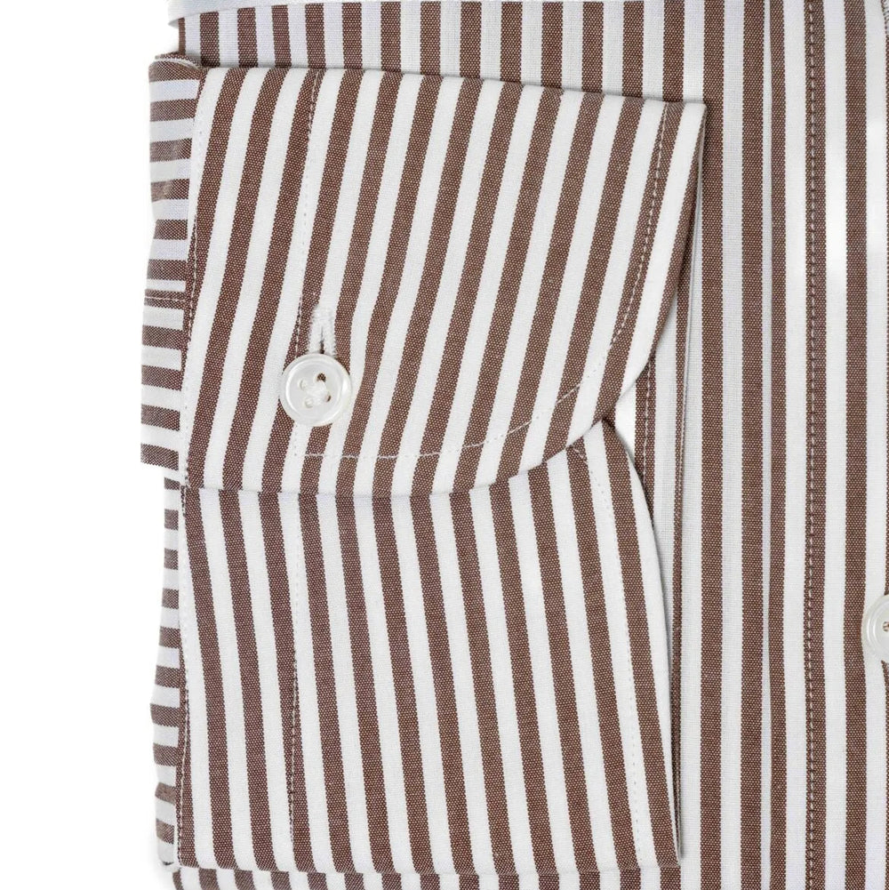 Folded sleeve button detail of the Hitoyoshi Broadcloth Button Down Brown Stripe shirt