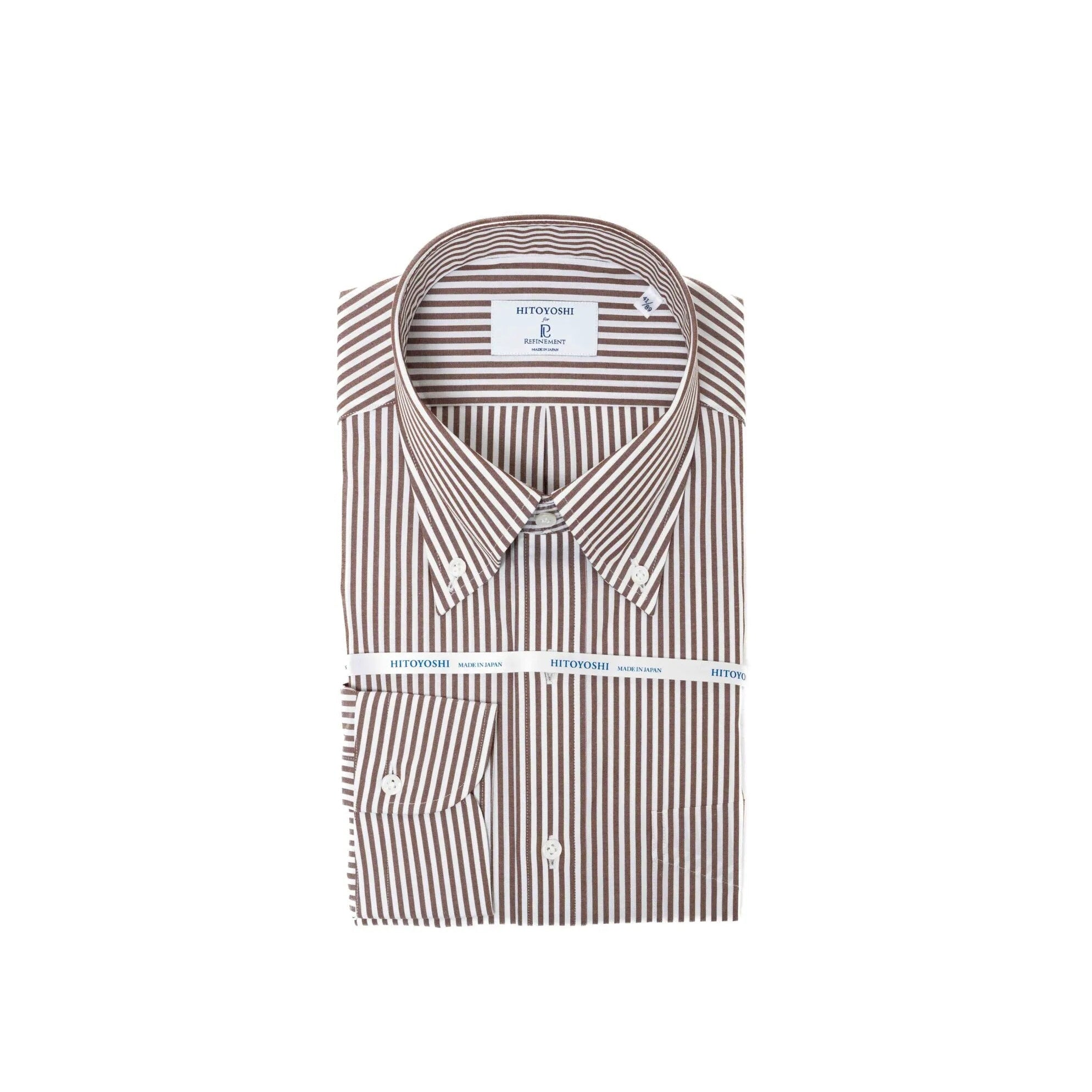 Hitoyoshi Broadcloth Button Down Brown Stripe shirt front view