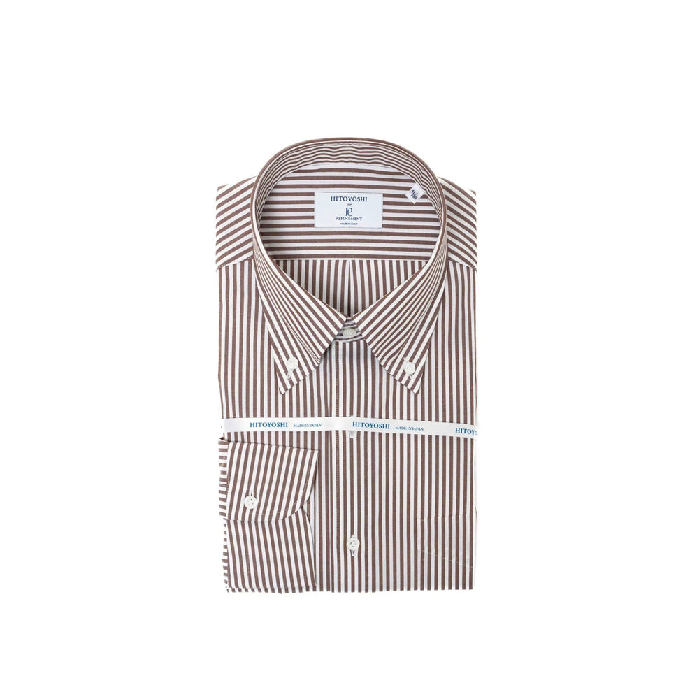 Hitoyoshi Broadcloth Button Down Brown Stripe shirt front view