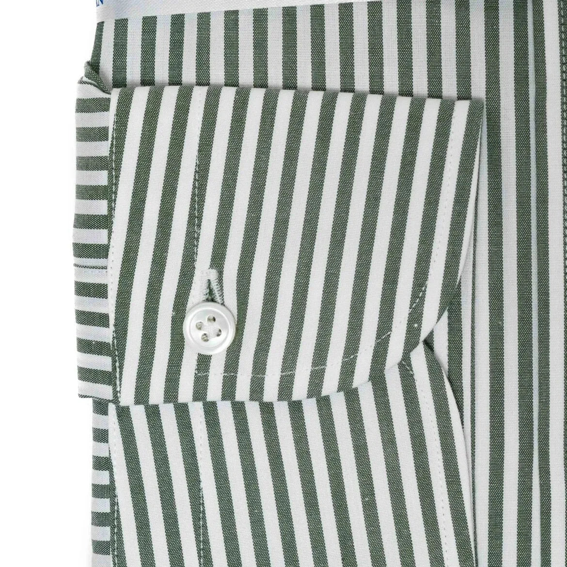 Close-up of the button cuff showing stitching, button quality, and stripe continuation.