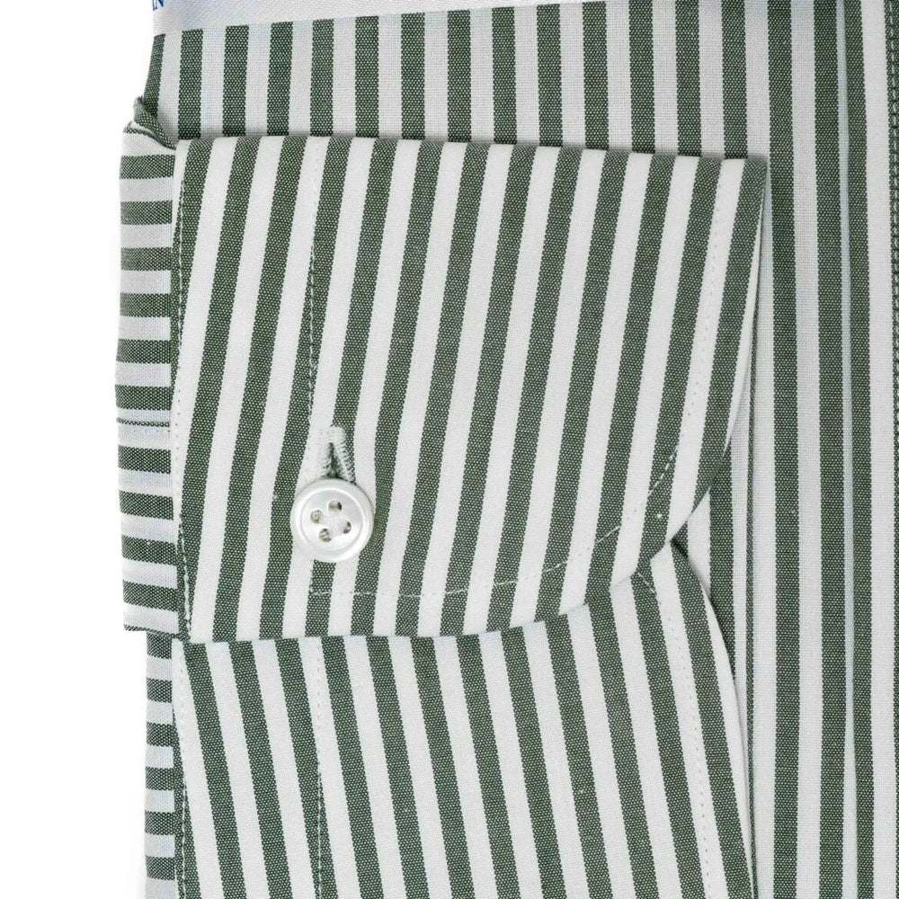 Close-up of the button cuff showing stitching, button quality, and stripe continuation.