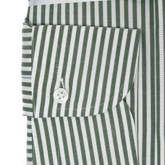 Close-up of the button cuff showing stitching, button quality, and stripe continuation.