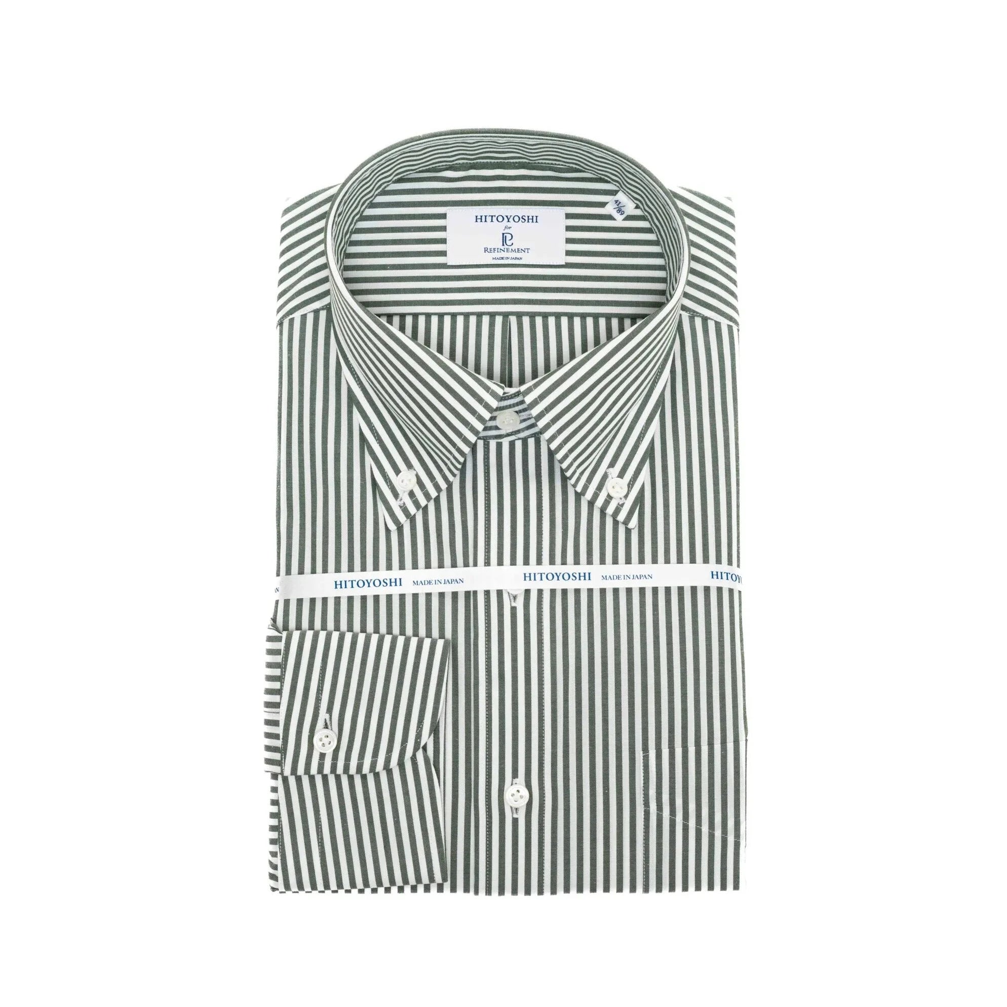 Front view of the Hitoyoshi Broadcloth Button Down Green Stripe showing the crisp broadcloth fabric, clean green stripe pattern, and classic button-down silhouette.