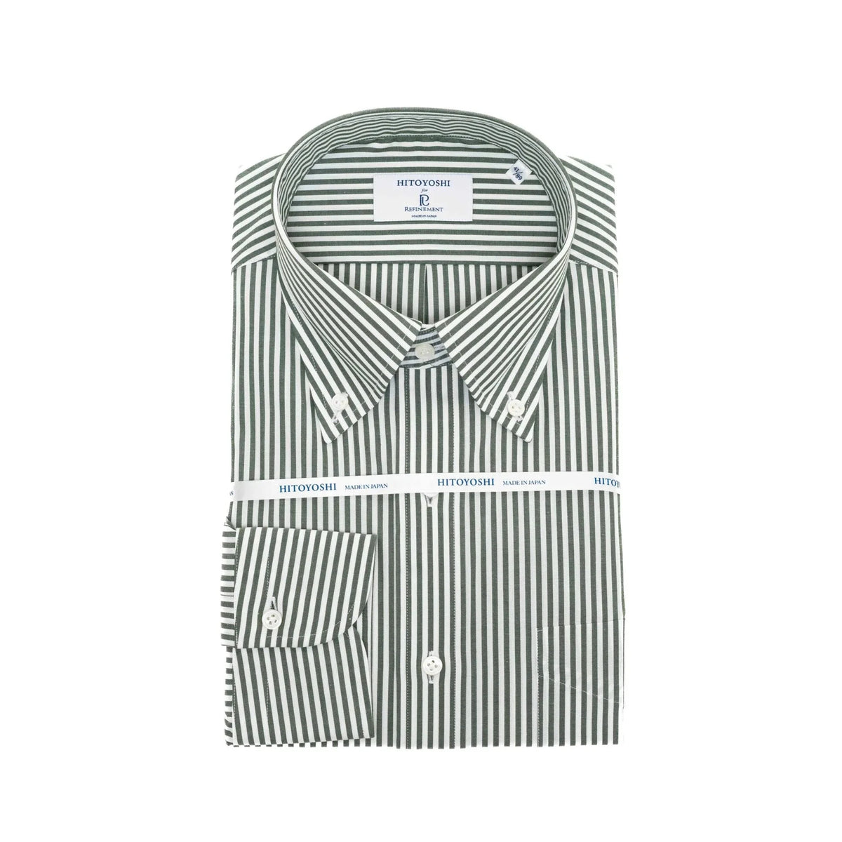Front view of the Hitoyoshi Broadcloth Button Down Green Stripe showing the crisp broadcloth fabric, clean green stripe pattern, and classic button-down silhouette.