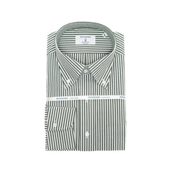 Front view of the Hitoyoshi Broadcloth Button Down Green Stripe showing the crisp broadcloth fabric, clean green stripe pattern, and classic button-down silhouette.