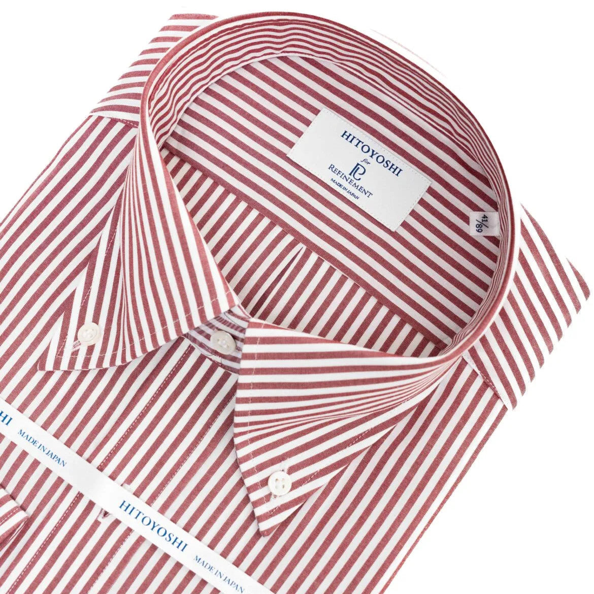 Collar detail of the Hitoyoshi Broadcloth Button Down Red Stripe shirt