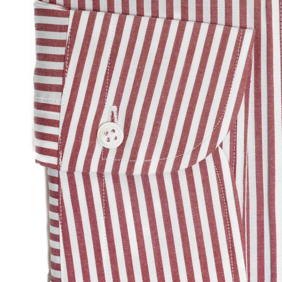 Folded sleeve button detail of the Hitoyoshi Broadcloth Button Down Red Stripe shirt