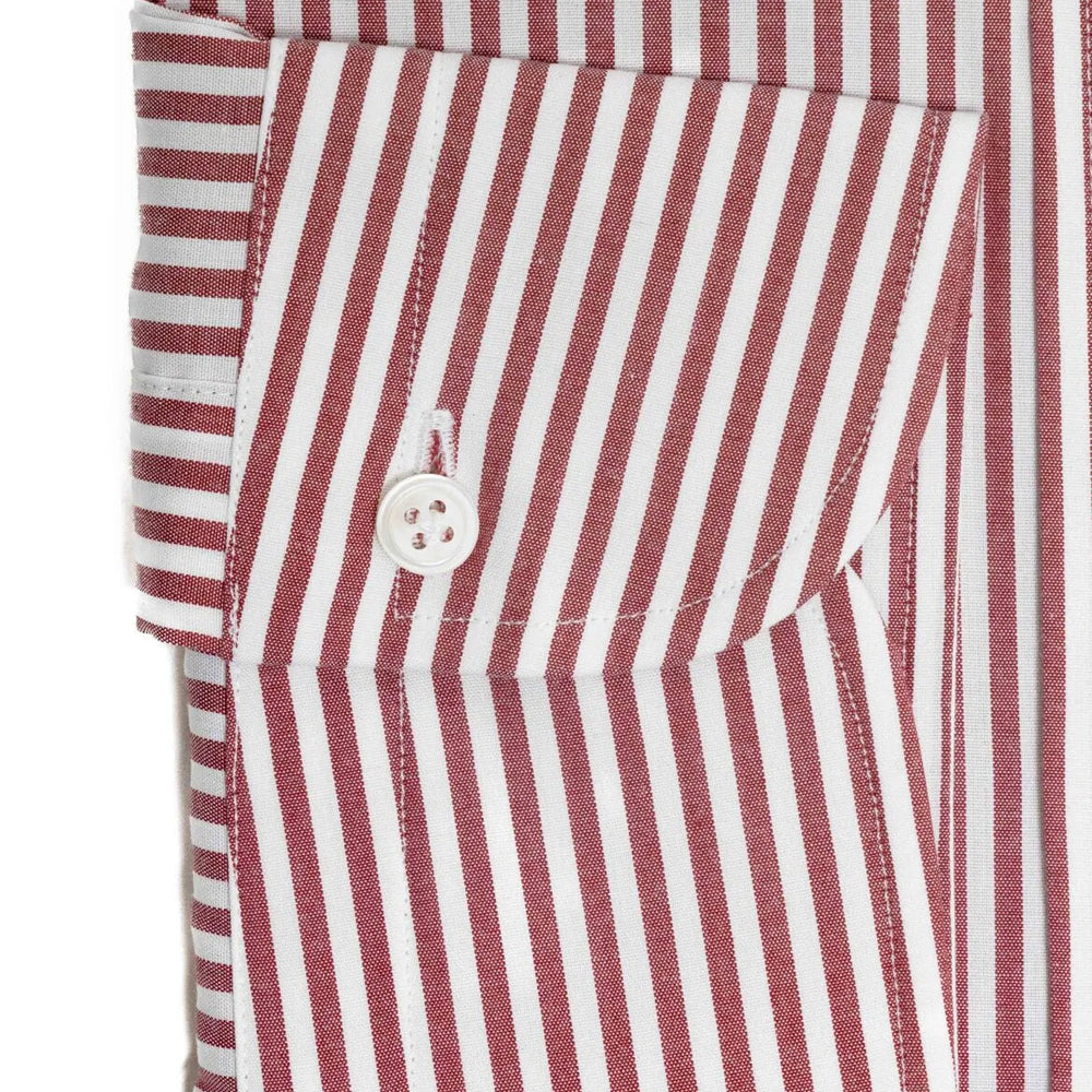 Folded sleeve button detail of the Hitoyoshi Broadcloth Button Down Red Stripe shirt